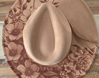 Country Garden, Meadow, Flowers  Burned cowgirl Cowboy Hat: Engraved Suede Boho Fedora, Wide brim hat Western Hat Festivals
