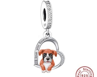 Boxer Dog Charms, Bracelets, 925 Sterling Silver, Dog Lover Gift, Dog Jewelry, Dog Keepsake Heart Charm