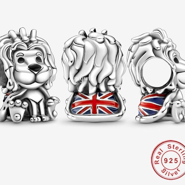 Britain Wavy Union Jack Lion Charm Fit Bracelets, 925 Sterling Silver, Lion Lover Gift, Safar Jewelry, British Lion Keepsake