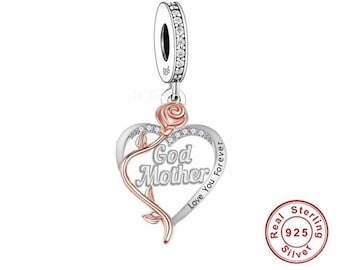 Godmother Heart Charm Love You Forever Heart 925 Silver Charm European style Bracelet, Necklace charm, God mother