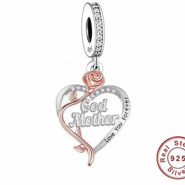 Godmother Heart Charm Love You Forever Heart 925 Silver Charm European style Bracelet, Necklace charm, God mother