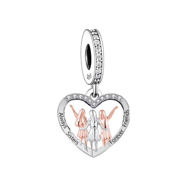 Three Sisters Always Sisters Forever Friends Heart Charm 925 Sterling Zilver, Sisters By Heart Sieraden, Vriendschap Zuster Dangle Charm