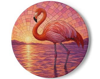 Sunset Flamingo Ceramic Coaster | Tropical Bird Mosaic Drink Mat Printed on Coaster or Canvas
