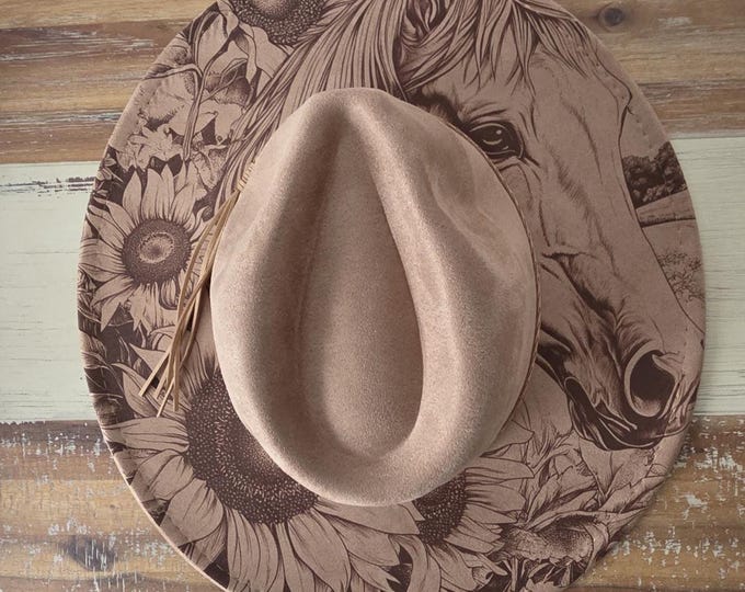 Horse and Sunflowers Burned Hat, Floral Burned cowgirl Cowboy Hat: Engraved Suede/Felt Boho Fedora, Felt Wide brim hat Western Hat Festivals