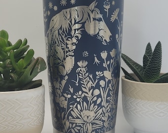 Horse and flowers Laser Engraved 20oz Double Wall Insulated Tumbler Travel mug,Seamless Tumbler ,Gift for daughter, niece, Friend