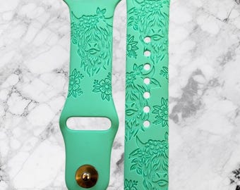 Engraved Floral Highland cow Gift Design for Apple Watch Silicone Sports Band/Strap  38mm/40mm/41mm/42mm/44mm/45mm/46mm/49mm