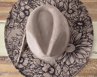 Sunflower Bloom Burned Hat, Wold flowers Floral Burned Wildflower Cowboy Hat: Engraved Suede  Boho Fedora, Felt Wide brim hat Festivals
