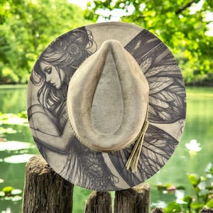 Fairy Burned Hat, Ocean Burned cowgirl Cowboy Hat: Engraved Suede/Felt Boho Fedora, Felt Wide brim hat Western Hat