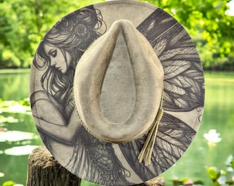 Fairy Burned Hat, Ocean Burned cowgirl Cowboy Hat: Engraved Suede Boho Fedora, Wide brim hat Western Hat Festivals