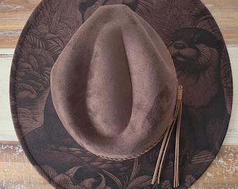 Otters Hat, Ocean Burned cowgirl Cowboy Hat: Engraved Suede Boho Fedora, Wide brim hat Western Hat Festivals