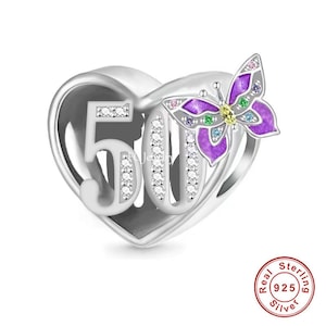 50th Birthday Celebration, 925 Sterling Silver 50th Birthday Dangle Charm Bead Landmark Birthday Fits all Charm Bracelets 50th Anniversary