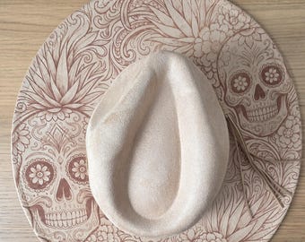 Day of the Dead, sugarskull, skulls Halloween Burned Cowboy Hat: Engraved faux Suede Boho Fedora, Wide brim hat Western Hat Festivals