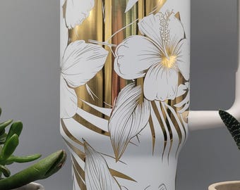 White & Gold Hibiscus 40oz Insulated Tumbler with Handle – Floral Double Wall Stainless Steel Cup, Gift for Mom or Sister