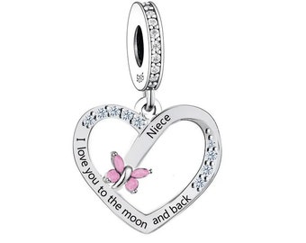 Niece Heart Charm I Love You to the Moon & Back Heart 925 Silver Charm European style Bracelet, Necklace charm