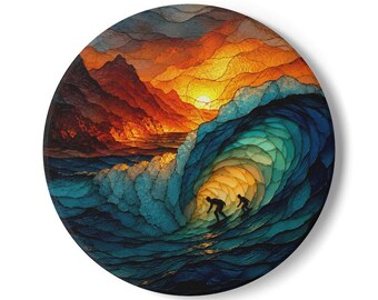 Hawaii Sunset Wave Surfing Ceramic Coaster | Ocean Barrel Wave Artwork Art Printed on Coaster or Canvas