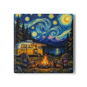 May include: A yellow camper van parked near a campfire with two wooden chairs in front of a lake and mountains under a swirling blue and yellow night sky with bright stars and a crescent moon in a post-impressionist art style.