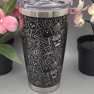 Trick or Treat, Halloween, ghosts Laser Engraved Custom Seamless  20oz Double Wall Insulated Tumbler Travel mug