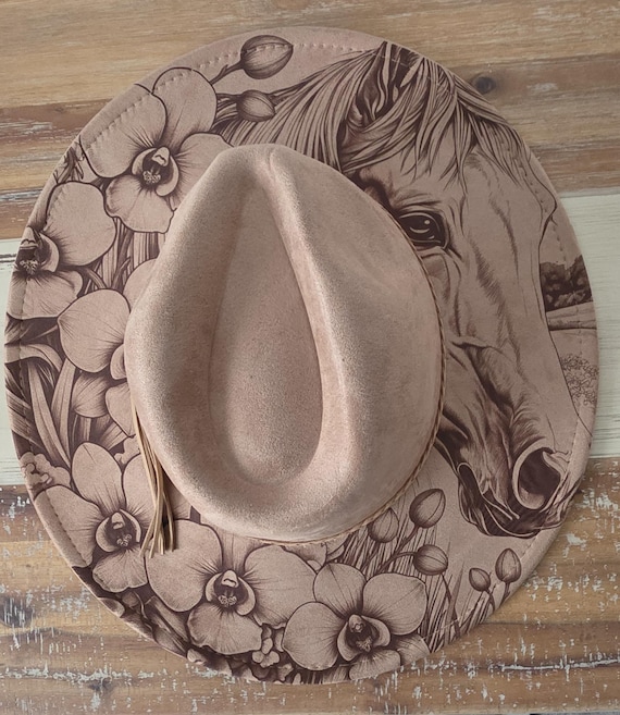 Horse and Orchids Burned Hat, Floral Cowboy Hat. Burned  display picture 2