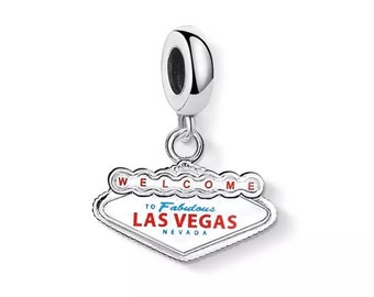 Charm "Bienvenido a Las Vegas" compatible con pulseras europeas, plata de ley 925, joyería de viaje a Las Vegas, recuerdo de Las Vegas, regalo de Las Vegas.