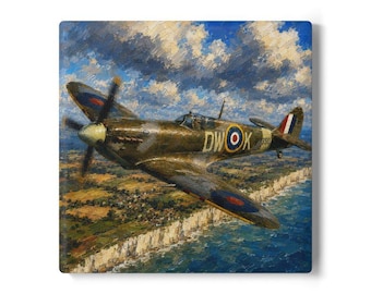 Spitfire Fighter Plane Ceramic Coaster | WWII Aviation Art, Printed on Coaster or Canvas