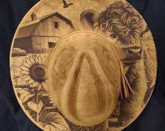 Higjlamd cow Burned Hat, floral Burned cowgirl Cowboy Hat: Engraved Suede  Boho Fedora, Wide brim hat Western Hat Festivals