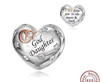 God daughter Heart Charm Love you to the moon and back Heart 925 Silver Charm European style Bracelet, Necklace charm