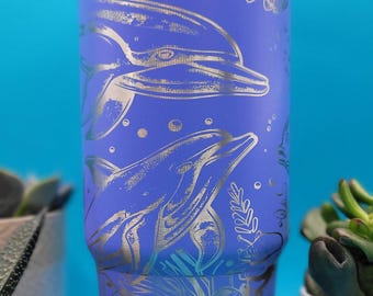 Dolphins Ocean Scene Laser Engraved Engraved 30oz Double Wall Insulated Tumbler Custom Engraved Seamless