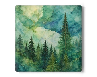 Green Mountain Pines Ceramic Coaster | Forest Watercolor Landscape Ceramic Drink Coaster