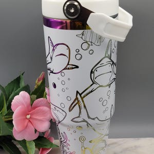 Sharks tumbler, under the ocean, sea theme, Boho, white and rainbow Laser Engraved 30oz Double Wall Insulated Tumbler Seamless Tumbler