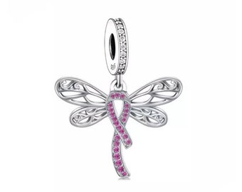 Libelle mit Rosa Brustkrebs Charme, Rosa Band Charme Anhänger 925 Silber Bettelarmband, Halskette Charm, 925 Charme