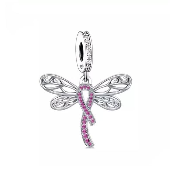 Dragonfly met roze borstkanker charme, roze lint charme hanger 925 zilveren bedelarmband, ketting charme, 925 charme