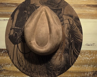 Horse and Cowgirl Burned Hat, Floral Burned cowgirl Cowboy Hat: Engraved Suede Boho Fedora, Wide brim hat Western Hat Festivals