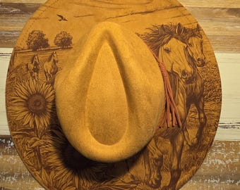 Horse and Sunflowers Burned Hat, Floral Burned cowgirl Cowboy Hat: Engraved Suede Boho Fedora, Wide brim hat Western Hat Festivals