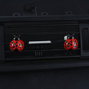 May include: Two red and black ladybug car air fresheners hanging from a black car air vent.