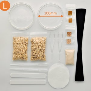 Könnte beinhalten: Ein Set Bastelbedarf, bestehend aus zwei durchsichtigen Plastikbehältern, zwei Beuteln Haferflocken, drei durchsichtigen Plastikpinzetten, einem kleinen Beutel braunen Zuckers, einem kleinen Beutel braunen Zuckerkristallen, einem schwarzen Band, zwei weißen Malerrührern und zwei weißen Filterpapieren. Die Behälter haben einen Durchmesser von 100 mm.