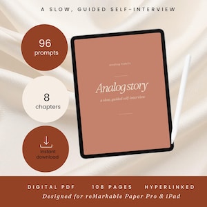 Może przedstawiać: Cyfrowy plik PDF zatytułowany Analog story, a slow, guided self-interview, wyświetlony na tablecie z białym rysikiem. Interfejs zawiera 96 prompts, 8 chapters oraz ikonę pobierania. Tekst: 108 pages i hyperlinked.
