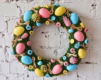 Precioso colorido Pascua hecho a mano musgo original y huevos de Pascua puerta / pared / ventana corona decoración primavera temporada regalo rosa amarillo azul verde