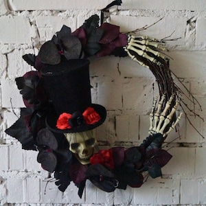 Halloween Autumn Fall Horror Spooky Front Dorr/Wall Handmade Wreath Skull Black Flowers Home Decoration Wreath