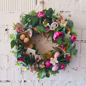 Handmade Easter Wreath: Pink Tulips, Eggs & Birdhouse Decor