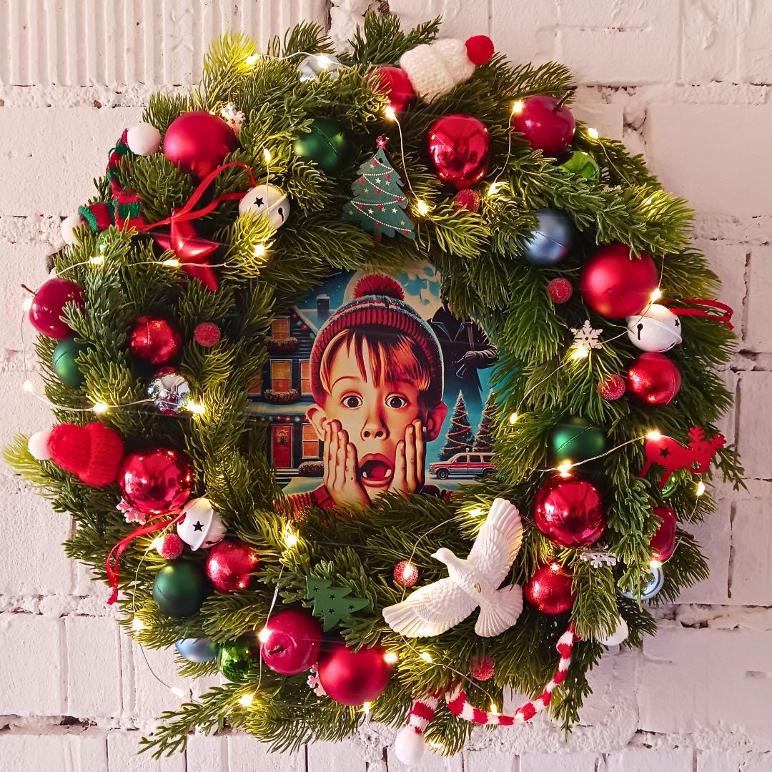 Handmade Christmas Home Alone Wreath With LED Lights, Festive Door