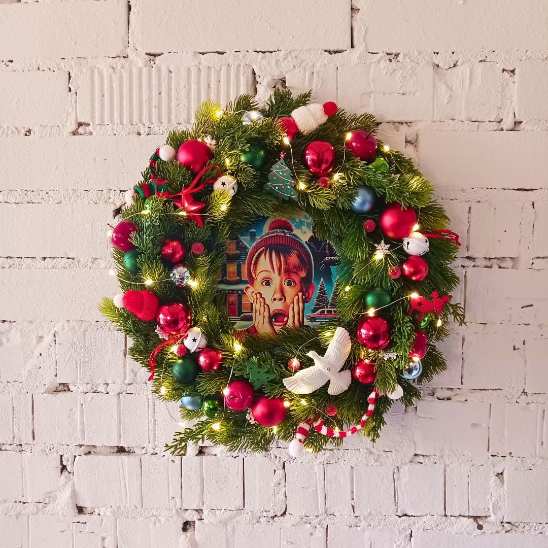Handmade Christmas Home Alone Wreath With LED Lights, Festive Door