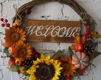 Autumn Sunflower Wreath: Handmade Fall Door/Wall Decor with Welcome Sign