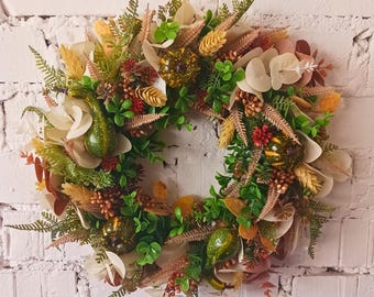 Handmade Autumn Wreath: Rustic Green Pumpkin Fall Decor