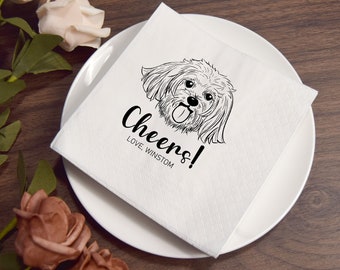 Chien illustré personnalisé | Serviettes de mariage | Serviettes de mariage personnalisées pour animaux de compagnie | Serviettes de table à cocktail pour animaux de compagnie | Serviettes de table personnalisées mariage | Serviettes de table à cocktail pour mariage