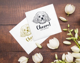 Chien illustré personnalisé | Serviettes de mariage | Serviettes de mariage personnalisées pour animaux de compagnie | Serviettes de table à cocktail pour animaux de compagnie | Serviettes de table personnalisées mariage | Serviettes de table à cocktail pour mariage