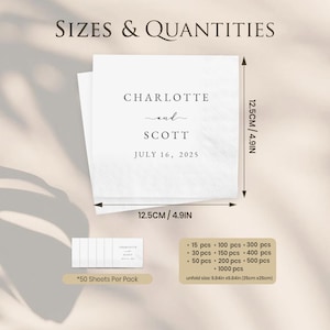 May include: White square napkins with the names "CHARLOTTE and SCOTT" and the date "JULY 16, 2025" printed in black. Each napkin measures 4.9 inches (12.5cm) square. The image also shows quantity options.