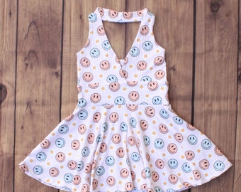 Smiley Face Print Halter Dress: Toddler Girl Backless Dress