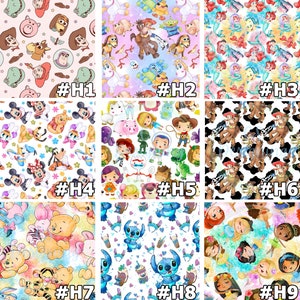 May include: Nine colorful digital designs featuring various Disney and Pixar characters. The designs include characters from Toy Story, Finding Nemo, The Little Mermaid, Mickey Mouse, Winnie the Pooh, Lilo & Stitch, and Disney Princesses.