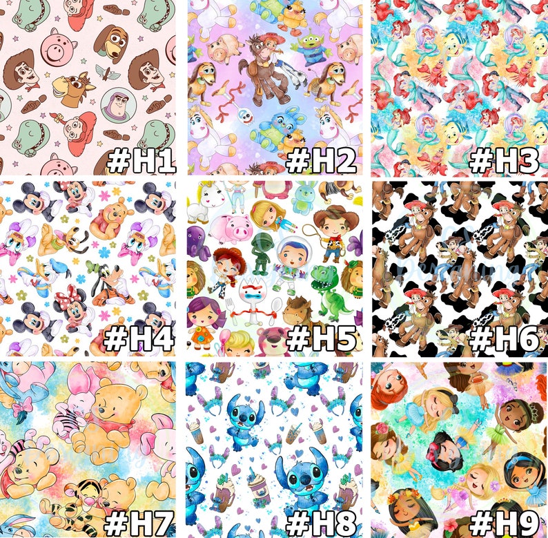 May include: Nine colorful digital designs featuring various Disney and Pixar characters. The designs include characters from Toy Story, Finding Nemo, The Little Mermaid, Mickey Mouse, Winnie the Pooh, Lilo & Stitch, and Disney Princesses.