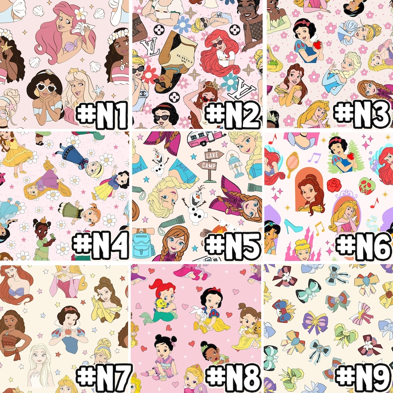 Puede incluir: Nueve dise&ntilde;os de tela diferentes con varias princesas de Disney, incluyendo Cenicienta, Ariel, Blancanieves y Elsa. Cada dise&ntilde;o est&aacute; sobre un fondo rosa con estrellas y flores blancas.